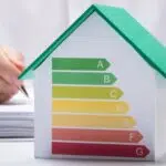 Ein Modellhaus mit Effizienzklassen als Symbol für energetische Sanierung
