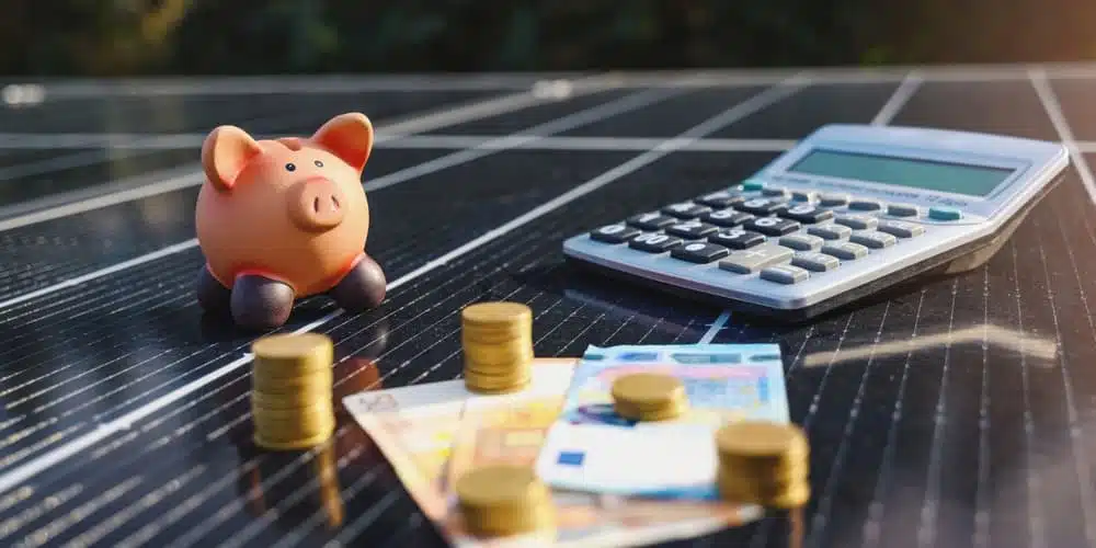 Sparschwein, Geld und Taschenrechner auf einem Solarpanel als Symbol für die Photovoltaik-Finanzierung